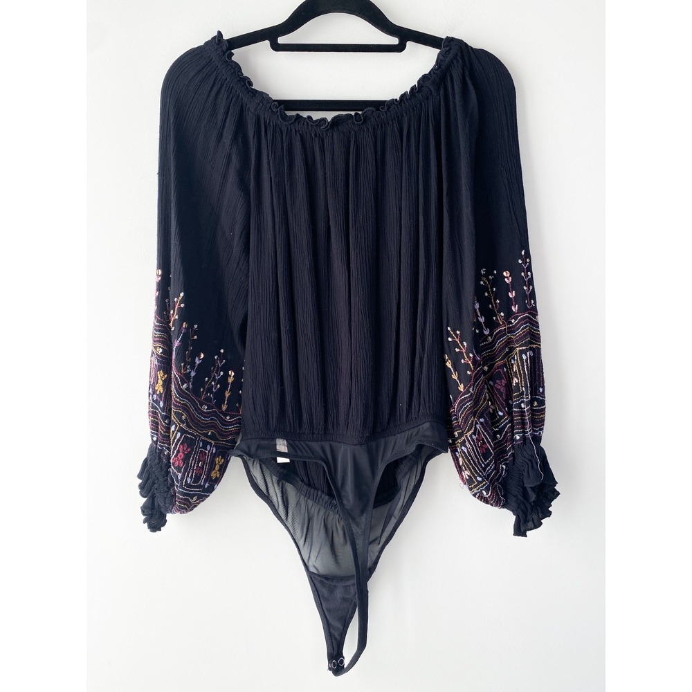 Free People Intimately Ella Bodysuit XS Black Embroidery Off Shoulder Whimsigoth - Picture 9 of 13